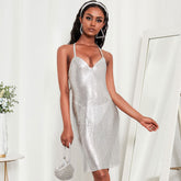 Funkelndes, ärmelloses Party-Minikleid mit überkreuztem Rücken und offenem Rücken - Silber